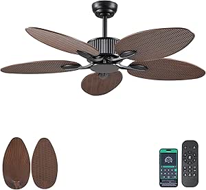 50 Inch Tropical Ceiling Fan no Light, Palm Leaf Waterproof Outdoor Ceiling Fans for Patios Porch, Remote/APP Control, Wet Rated, 6 Speeds, Reversible Quiet DC Motor, Dark Brown