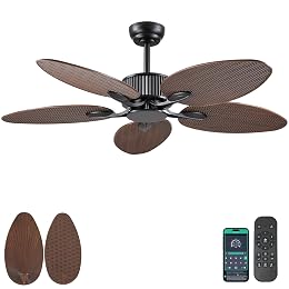 Wiviniya 50 Inch Tropical Ceiling Fan no Light, Palm Leaf Waterproof Outdoor Ceiling Fans for Patios Porch, Remote/APP Control, Wet Rated, 6 Speeds, Reversible Quiet DC Motor, Dark Brown