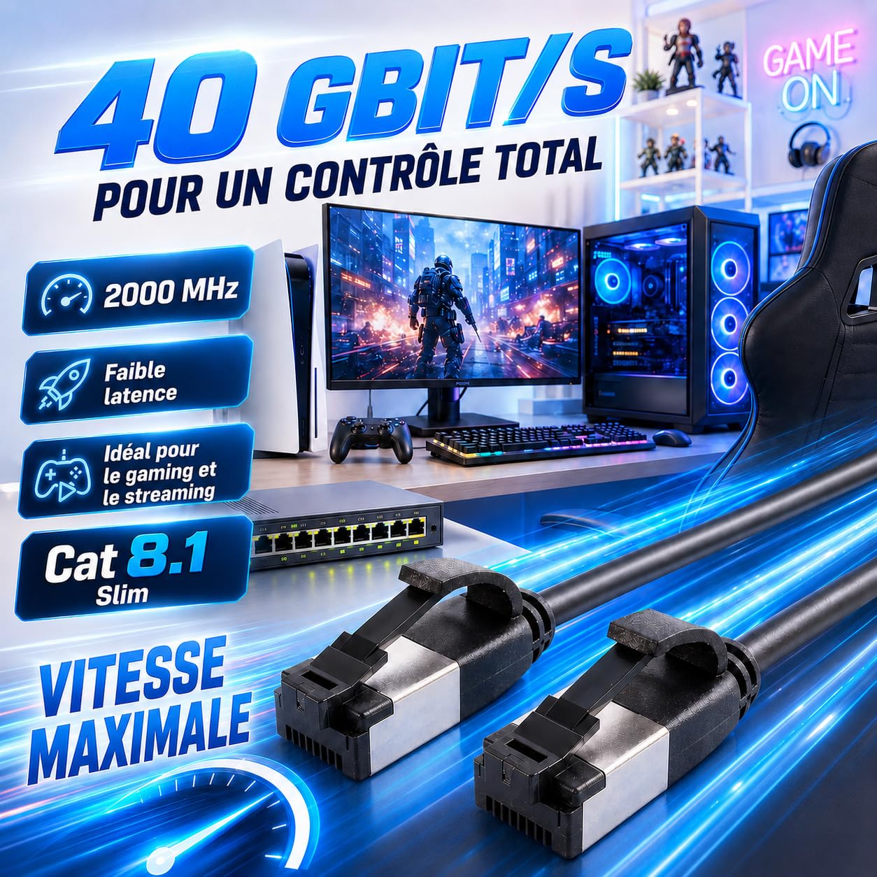 Câble réseau Cat 8.1 Lan de 2 m (lot de 10) Câble Ethernet Cat 8 avec prise RJ45 fin et fin avec taux de transfert de 40 Gbit/s Noir 2,0 mètres