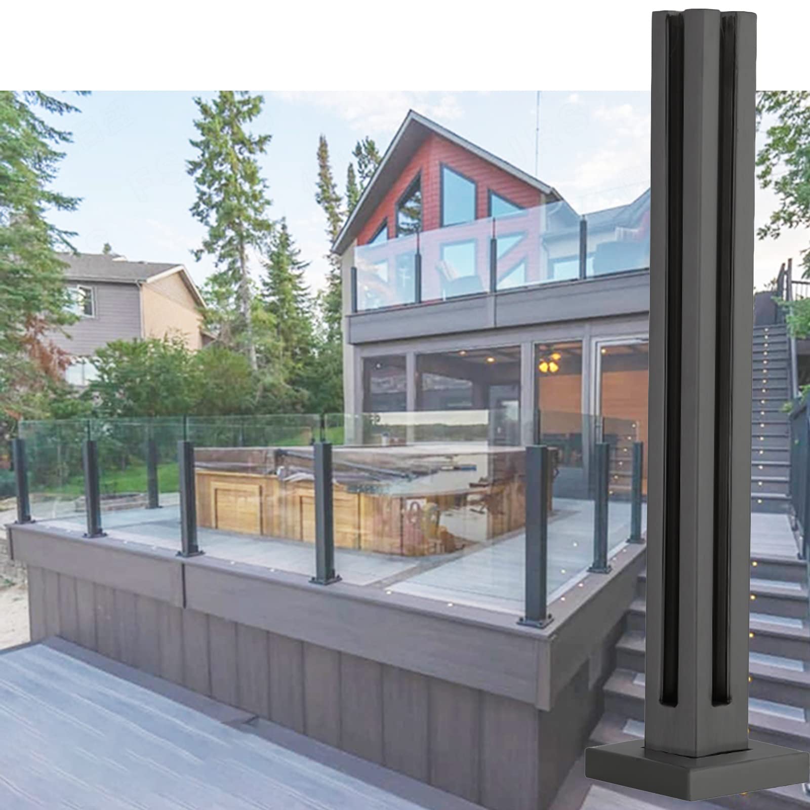 Support de panneau en verre noir et poteau de balustrade carrée pour garde-corps extérieur