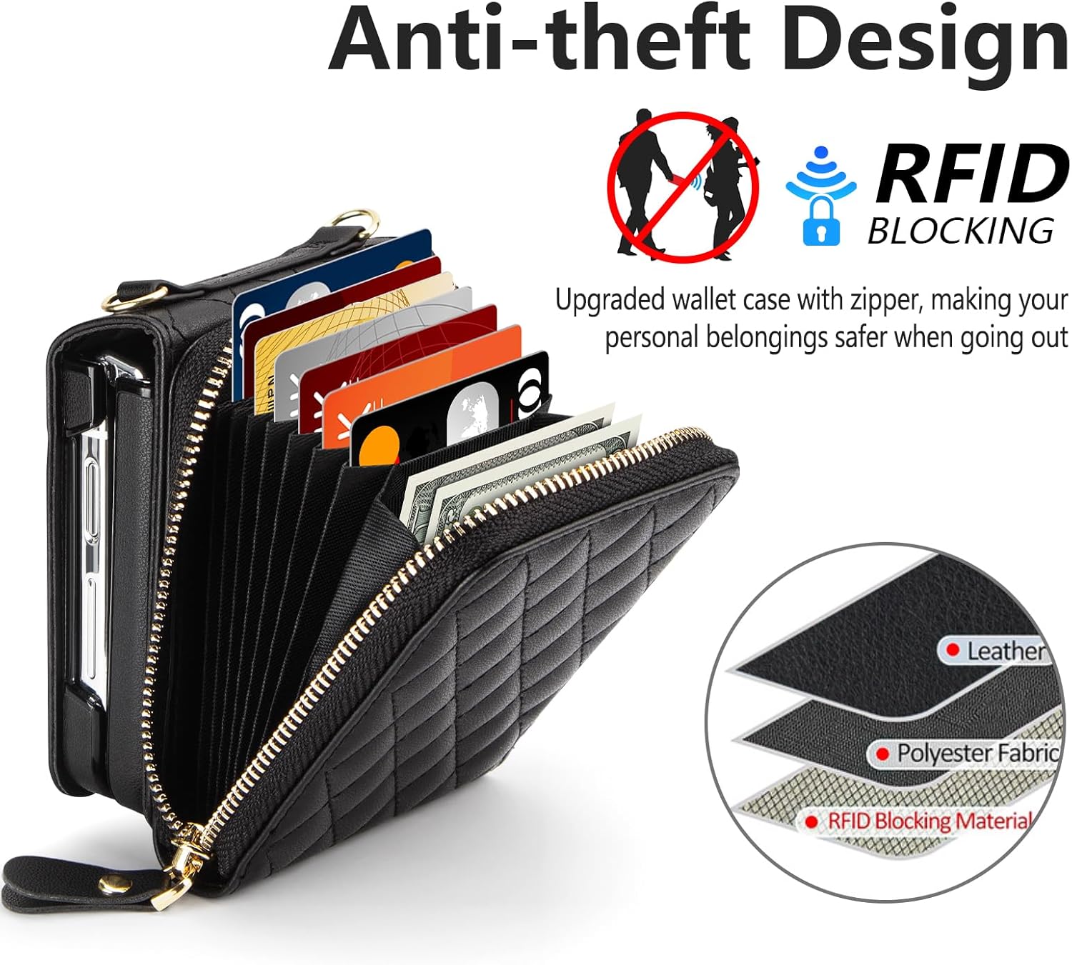 Vofolen for Samsung Galaxy Z Flip 6 Case with Card Holder Crossbody 8-Card Slots Wallet Case with Adjustable Strap Soft PU Leather Protective Zipper Flip 6 Phone Case for Women Girls, 6.7'' Black