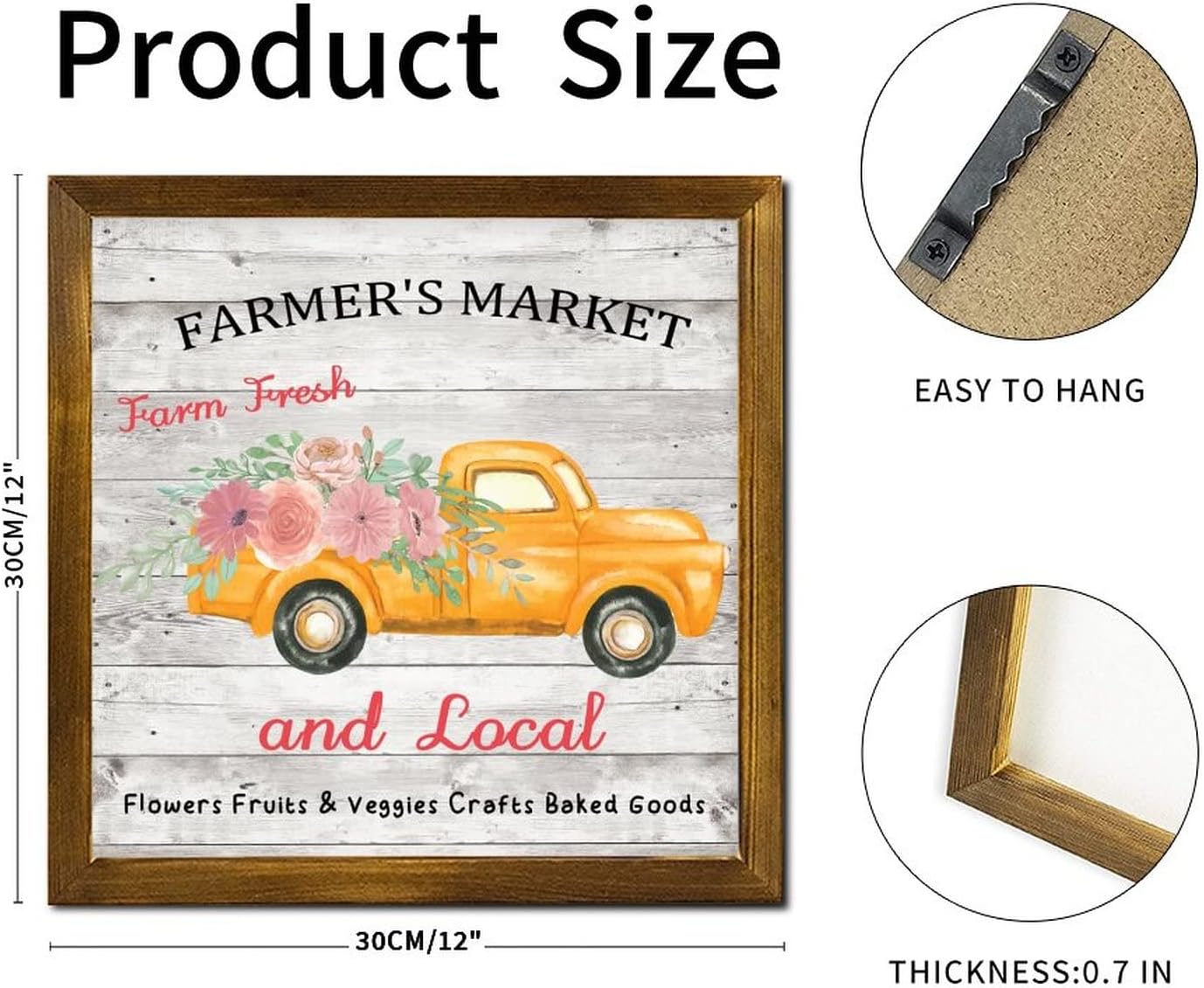 Farmer's Market Farm Fresh Wooden Framed Signs Rose Flower Yellow Truck Wooden Wall Sign Rustic Nature Plants Wall Decor Farmhouse Rustic Wooden for Grandpa Papa Dad Boyfriend Teacher 12x12 inch