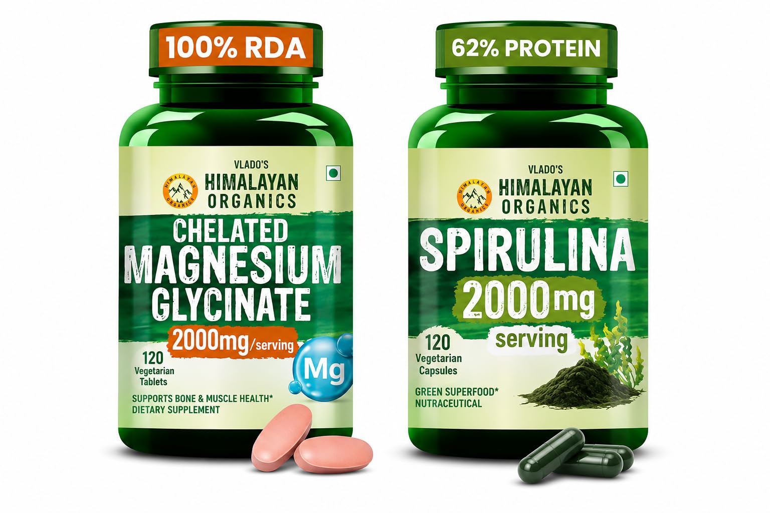 Vlado's Himalayan Organics Magnesium Glycinate + Spirulina Combo | Chelated Magnesium 2000mg & Spirulina 2000mg Green Superfood | Daily Wellness Support | 120 Veg Tablets + 120 Veg Capsules-picture-28