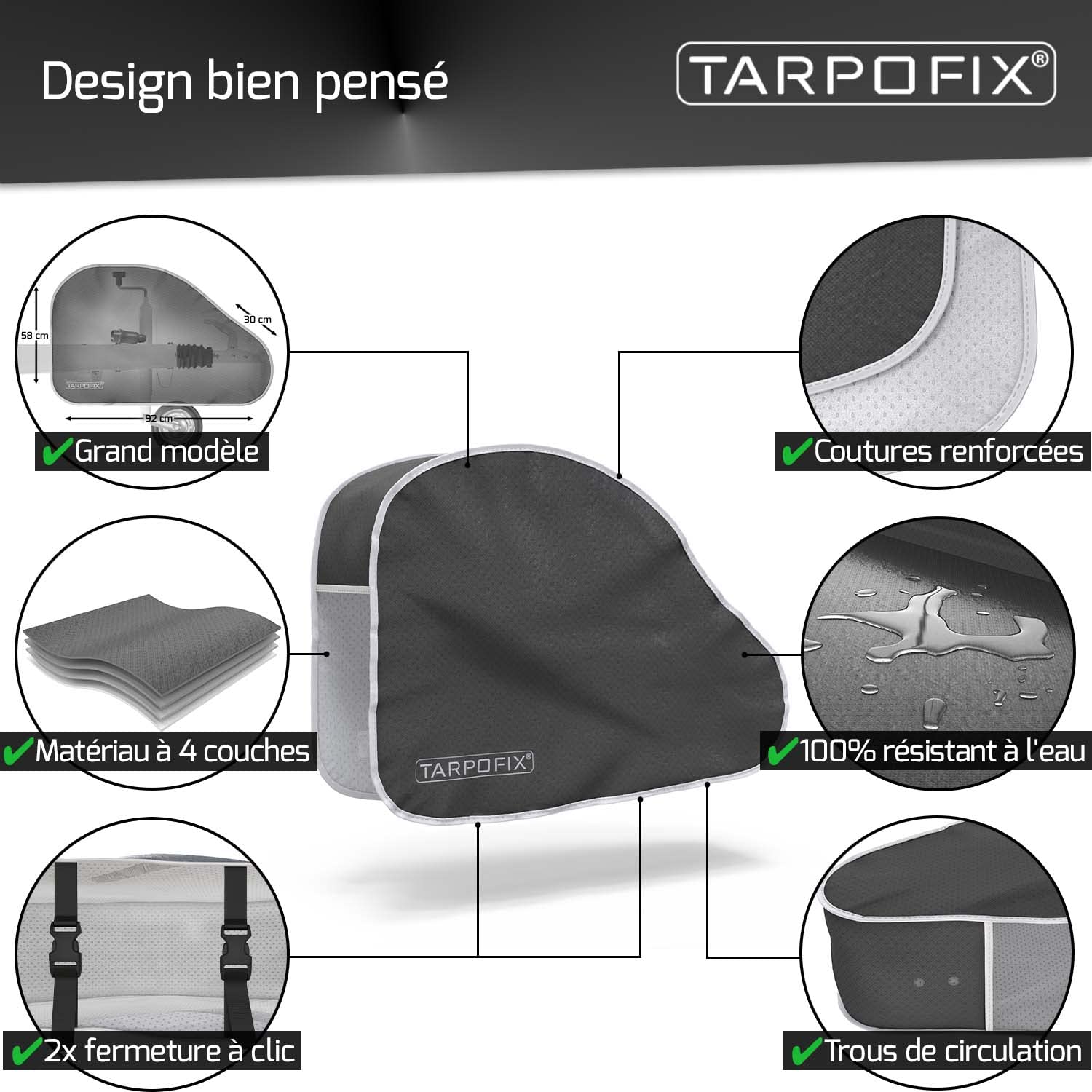 Tarpofix® Housse de Timon avec Fermeture à Double clic - Couverture de Barre d'attelage Universelle pour caravanes de Grande Taille - Couverture d'attelage pour remorques