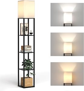 Floor Lamp with Shelves, Modern Square Shelf Lamp with 3 Color Temperature Bulb, Corner Storage Display Bookshelf Standing Floor Lamp for Living Room Bedroom Office-4 Layer