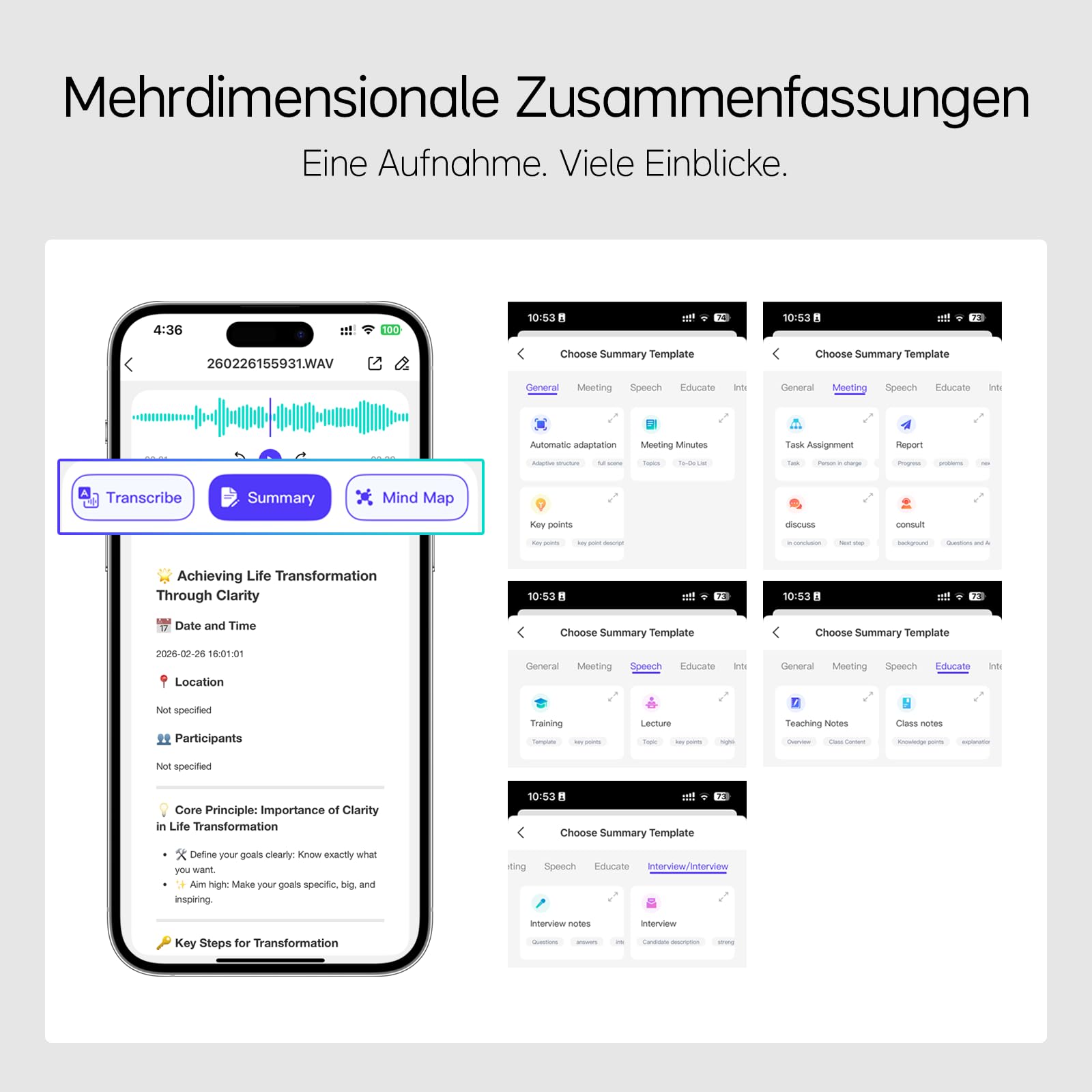 SKARA KI Diktiergerät mit Transkription, Mini Aufnahmegerät mit Spracherkennung & AI Zusammenfassung, Diktiergerät mit Schreibfunktion, 150 Sprachen, KI Notizen & Mind Maps für Studium und Meetings
