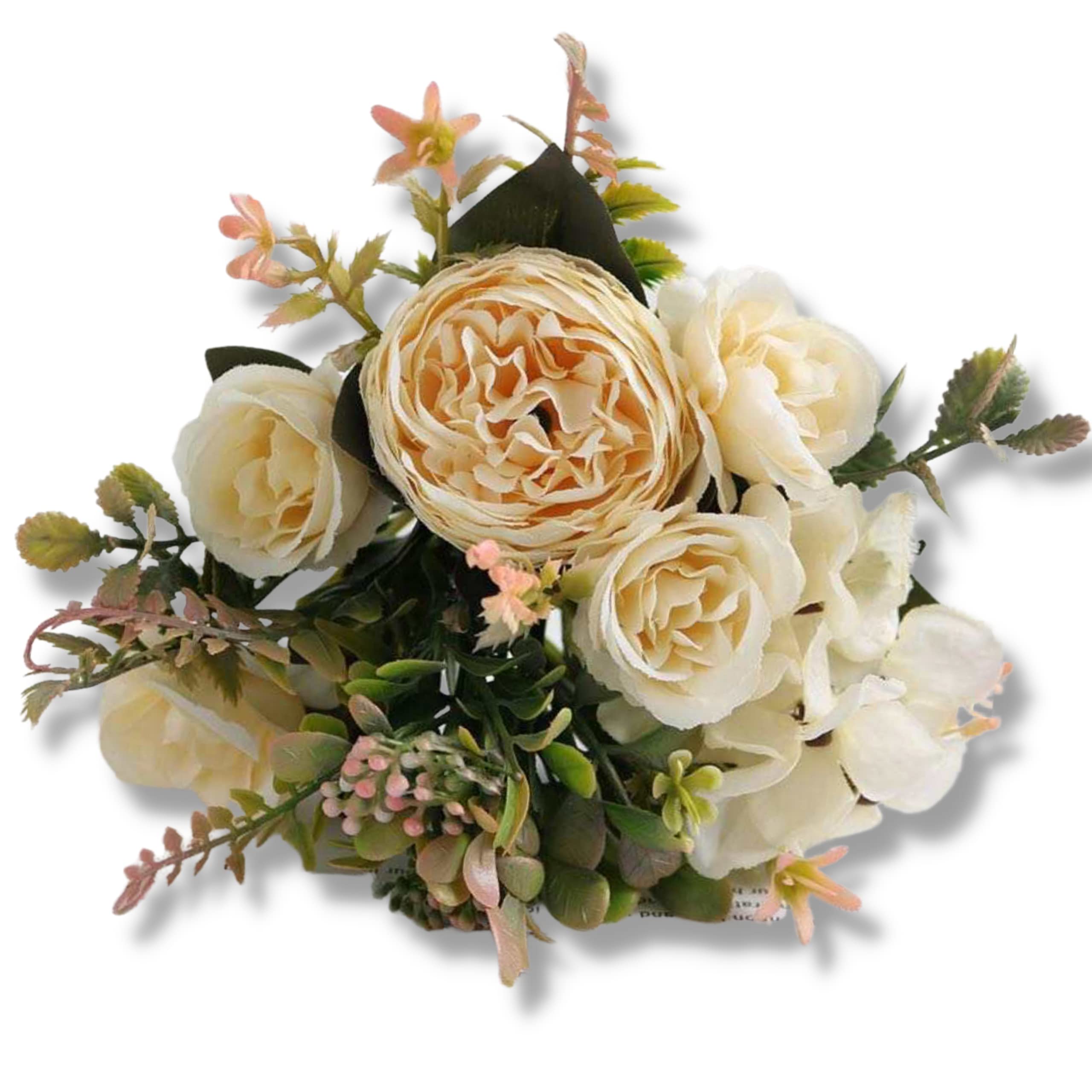 The Baked Studio – Silk Artificial Flower Bouquet (Peony Rose Hydrangea Foliage) – Realistic Fake Plant for Cake Decoration, Home Décor, Weddings, DIY and Crafts (Cream)