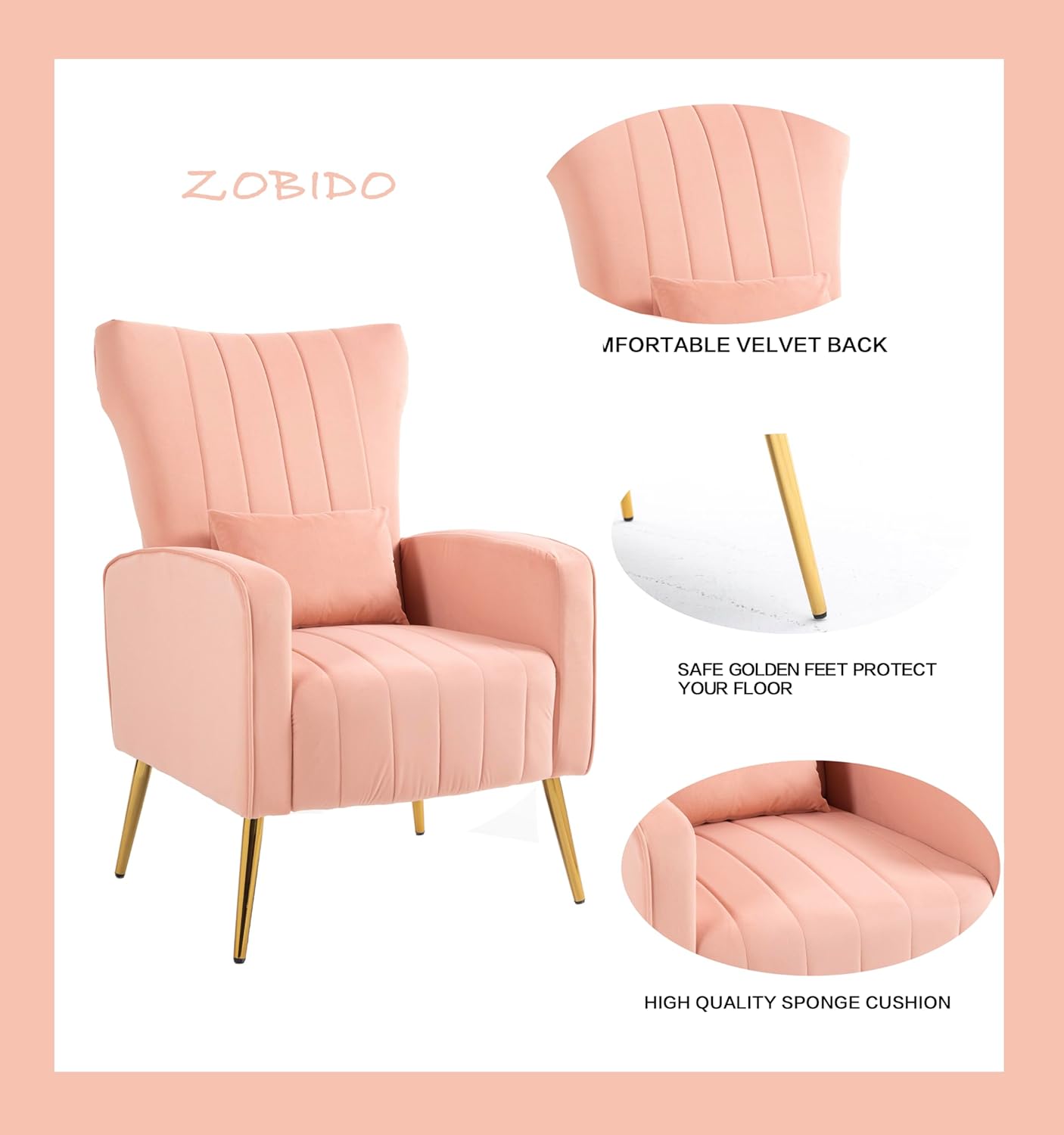 ZOBIDO Modern Accent Velvet Chairs Comfy Upholstered Vanity Chairs for Bedroom Armchair Dining Chairs with Golden Metal Legs Desk Chair Single Person sofafor Living Room (Bright Pink)