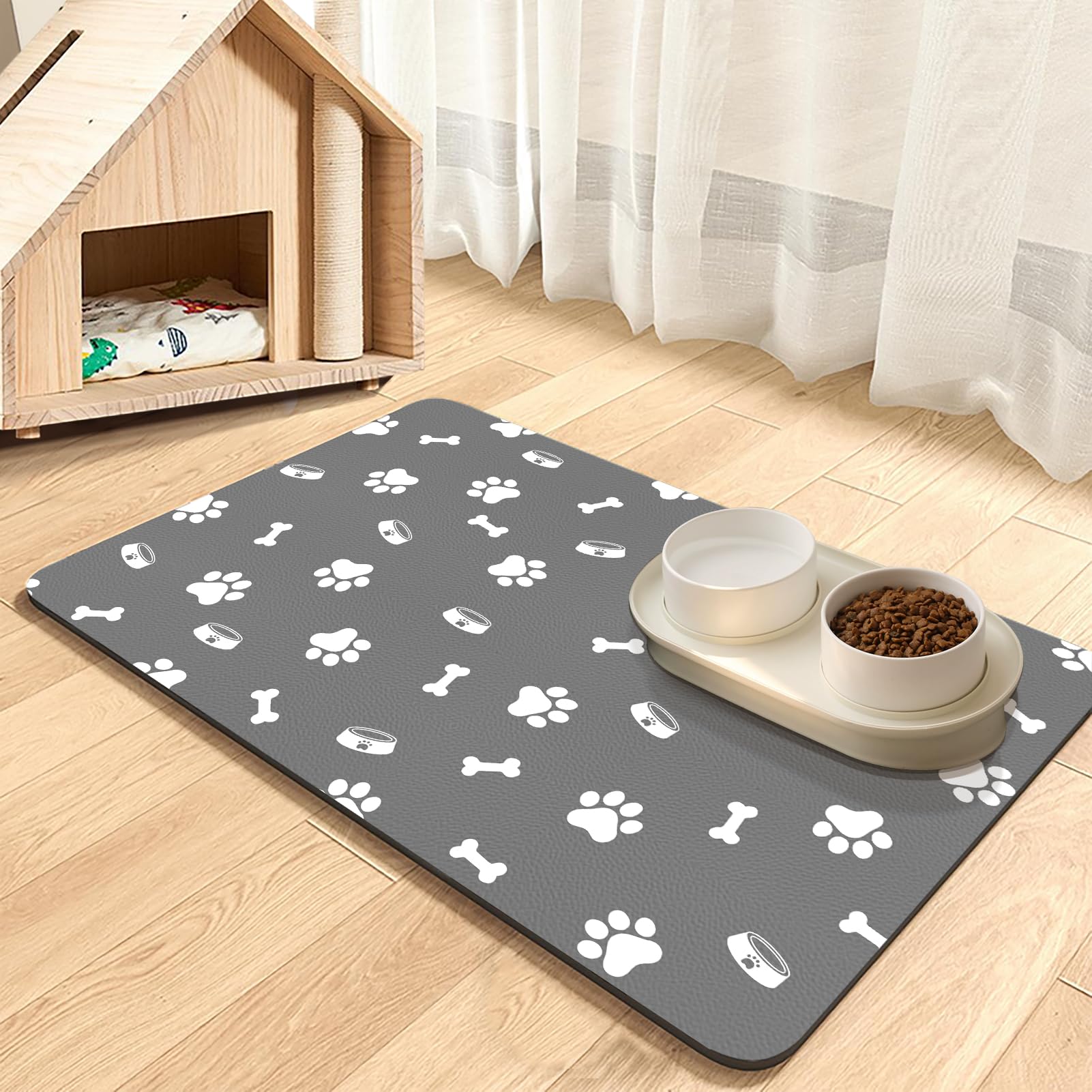 Dolic Dog Food Mat Absorbent Pet Feeding Mat for Food and Water No Stains Quick Dry Dog Cat Food bowl Mat with Waterproof Rubber Rubber Backing (Light Grey-multiple Paws, 40 x 60 cm)