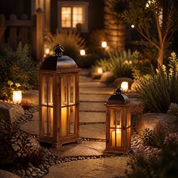 Large Decorative Lanterns, 2 Pack Farmhouse Wood Lanterns Indoor Outdoor