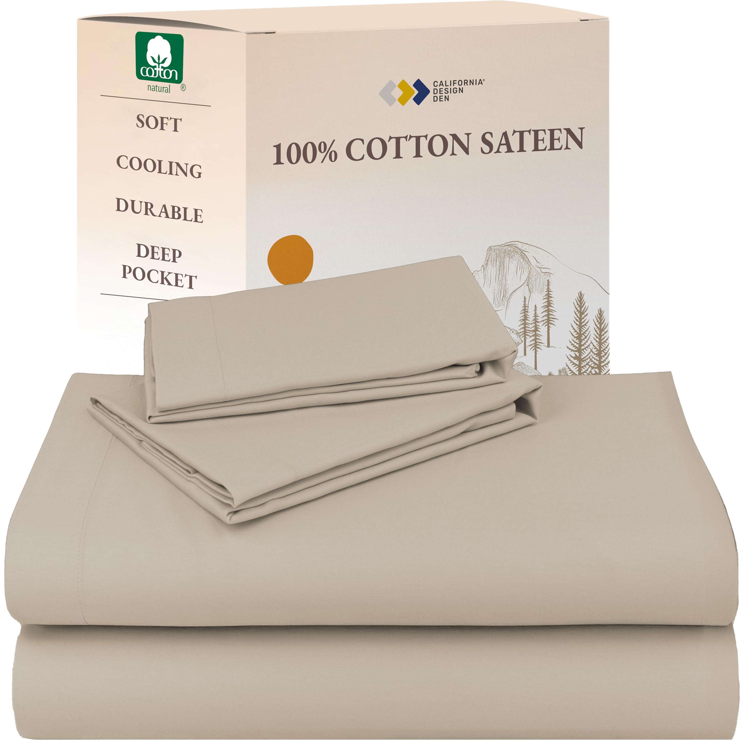 California Design Den Queen Sheet Set - Natural 100% Cotton Sheets Queen Size Bed Set with Deep Pockets, Soft Sateen Weave, Breathable and Durable Bedding Beige (Warm Taupe)
