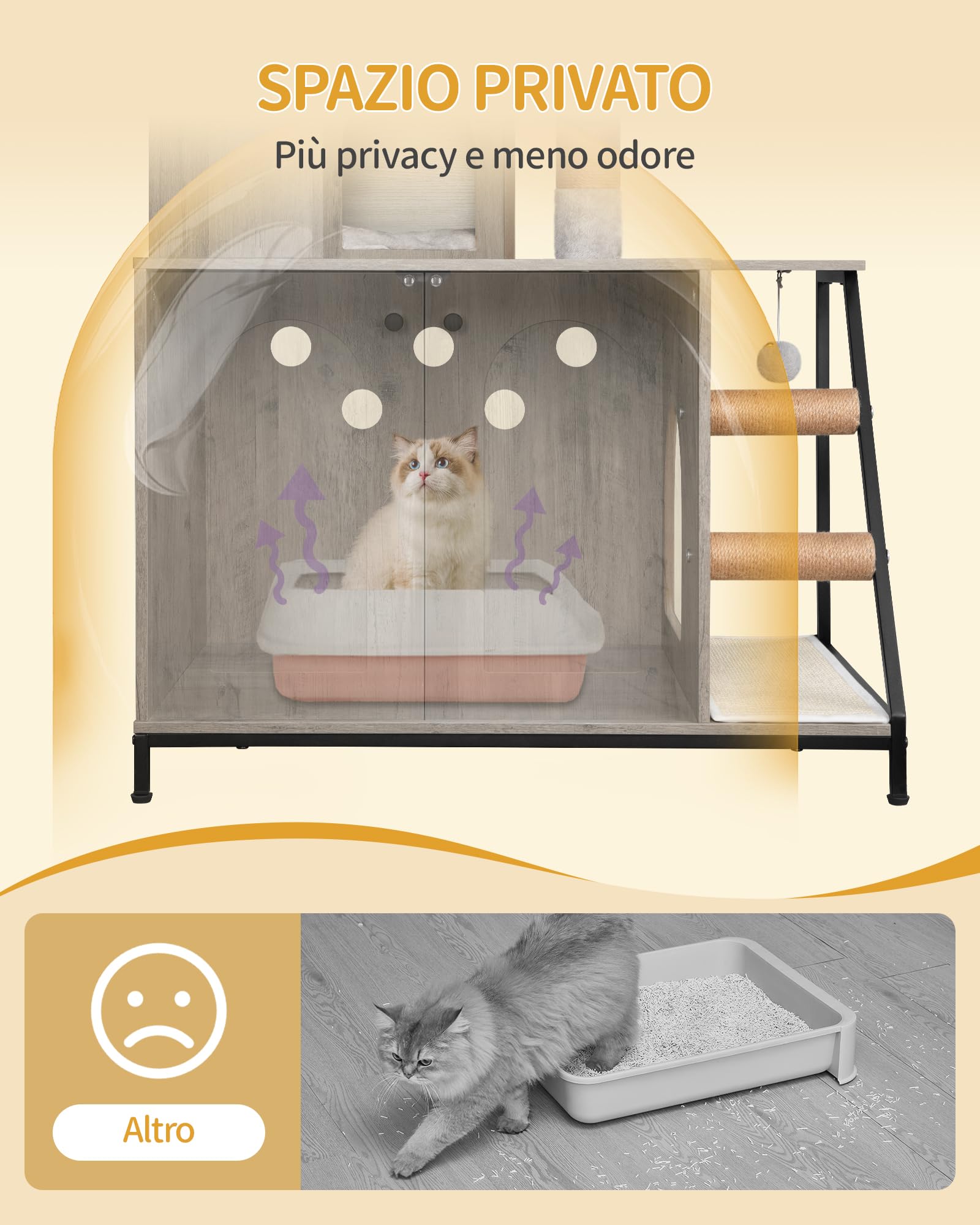 Hzuaneri Mobile Lettiera per Gatti, Cuccia per Gatti 4 in 1 Con Grande Piattaforma, Cuccia per Gatto Con Tappetino Antigraffio in Sisal, Pali, Scale E Pompon, Cuscini Lavabili, Grigio CB81005B