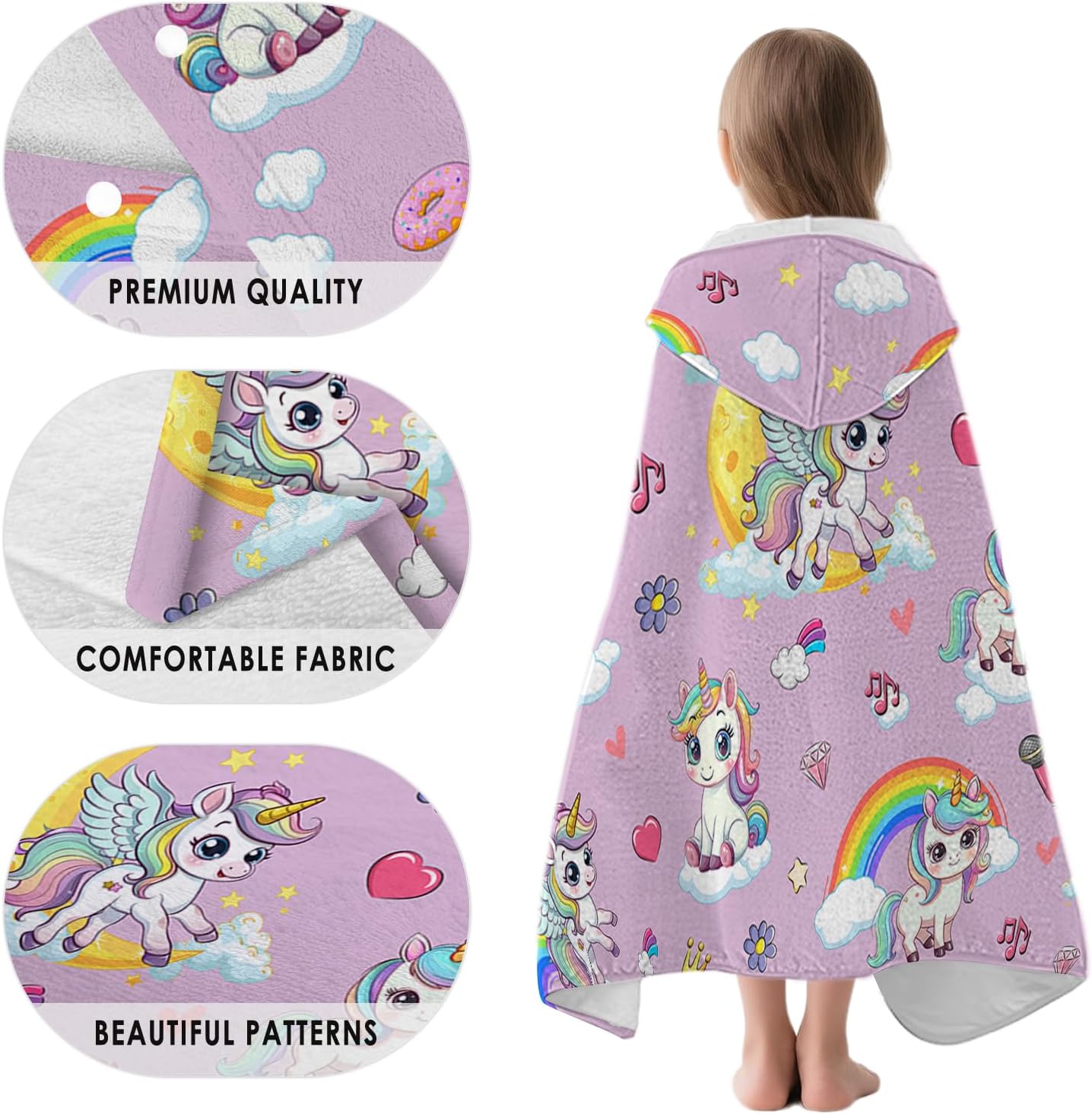 Unicorn Hooded Beach Towel for Kids, Pink Rainbow Hooded Towels for Toddlers 30" x 50", Kids Beach Towels for Pool, Travel, Swim, Unicorn Wearable Bath Towel for Girls, Toddlers - Image 3