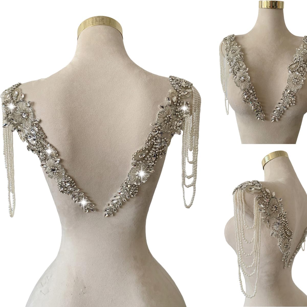 1 Pair Beaded Rhinestones Applique Embellishment for Clothes Epaulettes Shoulder Neckline Patches Sew-on Diamond Sequin Tassels Applique for Wedding Dress DIY Accessories (Silver)