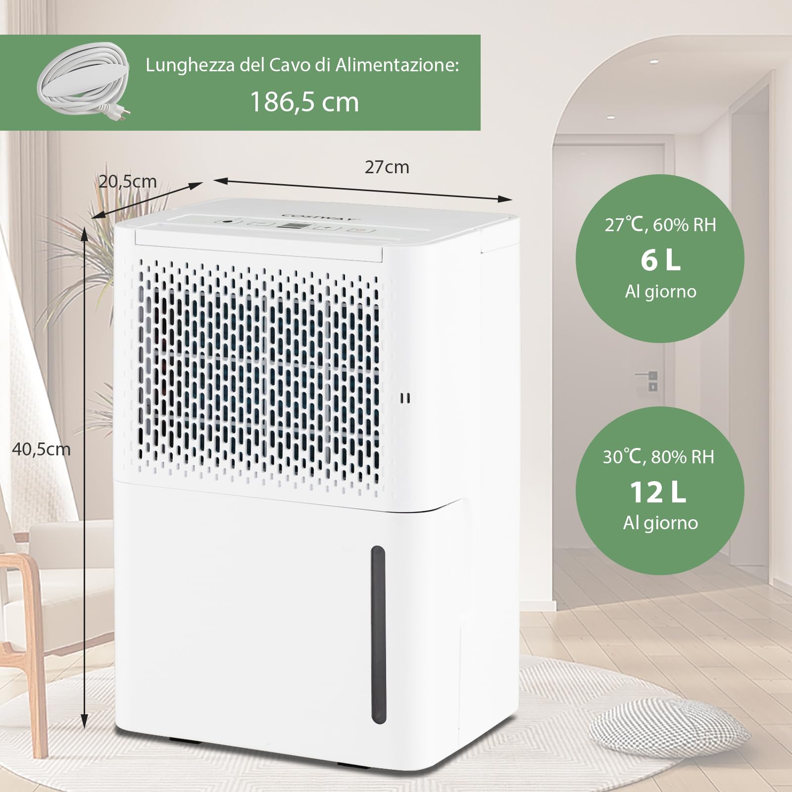 COSTWAY 12L Deumidificatore per Casa, Silenzioso ed Efficiente con Modalità Continua/Asciugatura/Auto, Timer 24 Ore, Maniglia Portatile, Ideale per Cantine Bagno e Camere da Letto