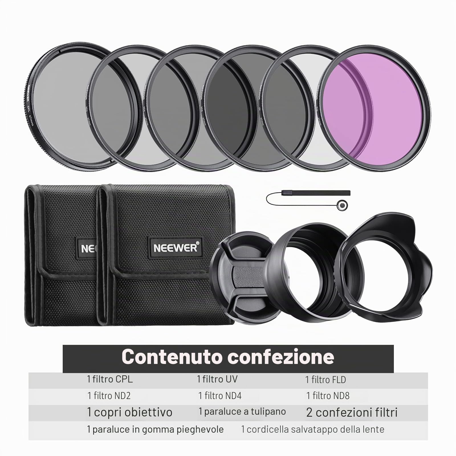 NEEWER 67mm ND2 ND4 ND8 UV CPL FLD Kit di filtri e accessori per lenti con copriobiettivo a scatto, paraluce a forma di tulipano, paraluce pieghevole, custodia per filtri