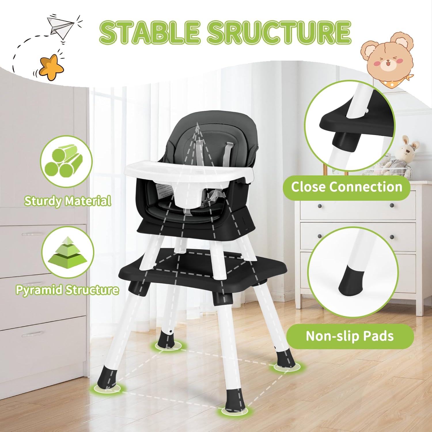 Kinder King 8 in 1 Baby High Chair, Coverts to Dining Booster Seat/Kids Table & Chair Set/Toddler Building Block Table/Kids Stool, Removable Tray & Double Seat Cover, Easy to Wipe, Grey & Black
