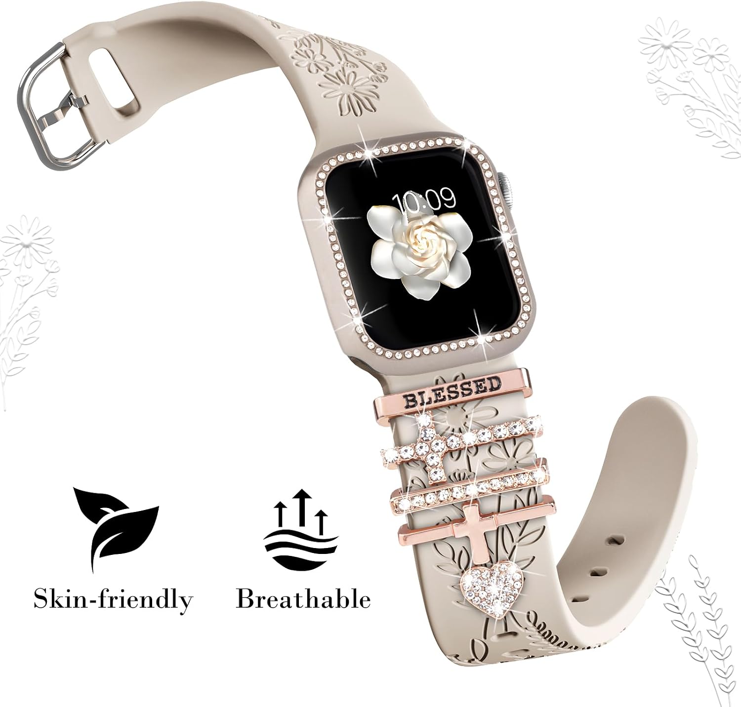 Engraved Band + Charms + Case for Apple Watch Band 38mm 40mm 41mm 42mm 44mm 45mm Women, Soft Silicone Flower Sport Straps with Protective Glitter Bumper for iWatch Series 9 8 7 6 5 4 3 2 1 SE