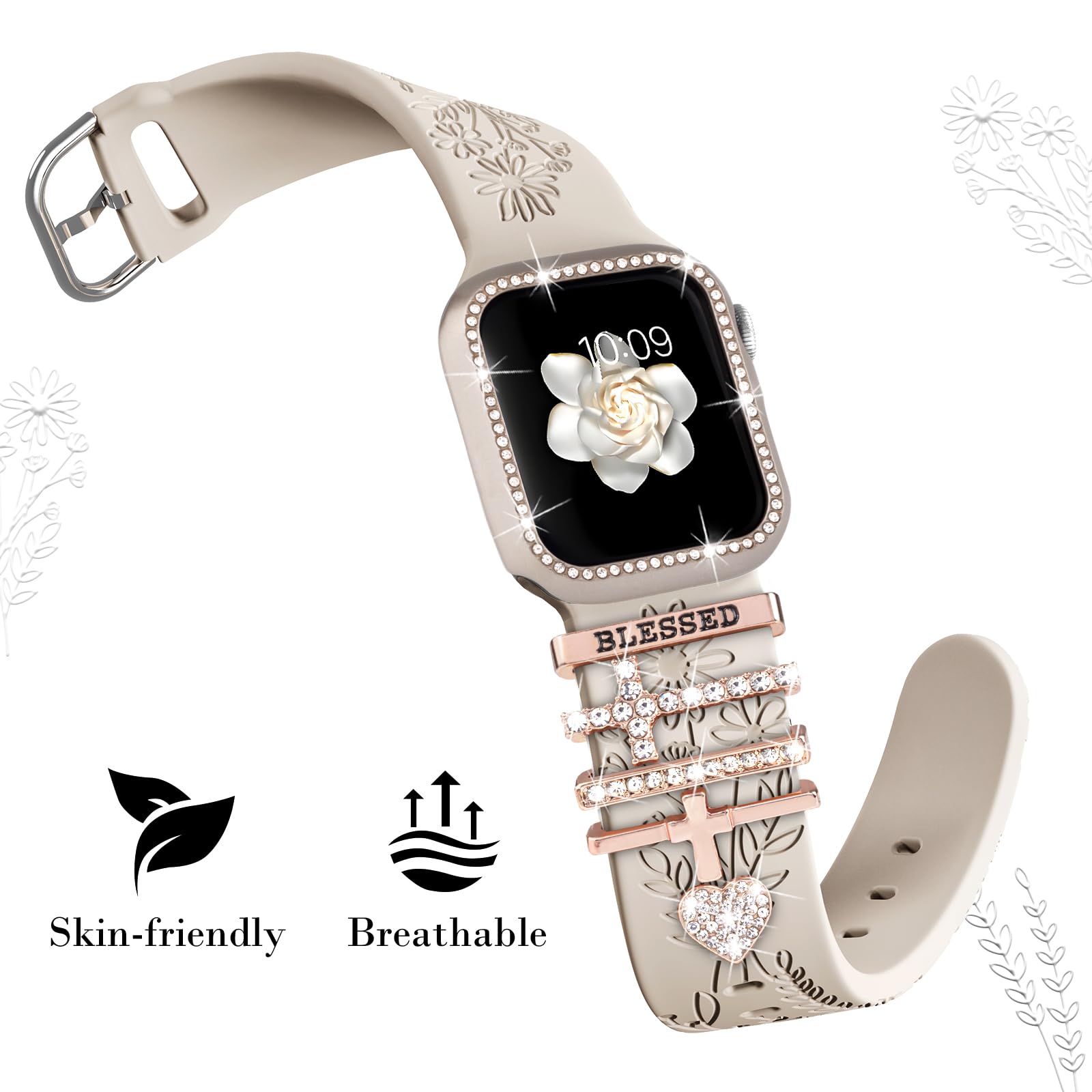 Correa grabada + dijes + funda para Apple Watch Band de 38 mm, 40 mm, 41 mm, 42 mm, 44 mm, 45 mm, para mujer, correas deportivas de silicona suave con diseño de flores con parachoques protector con