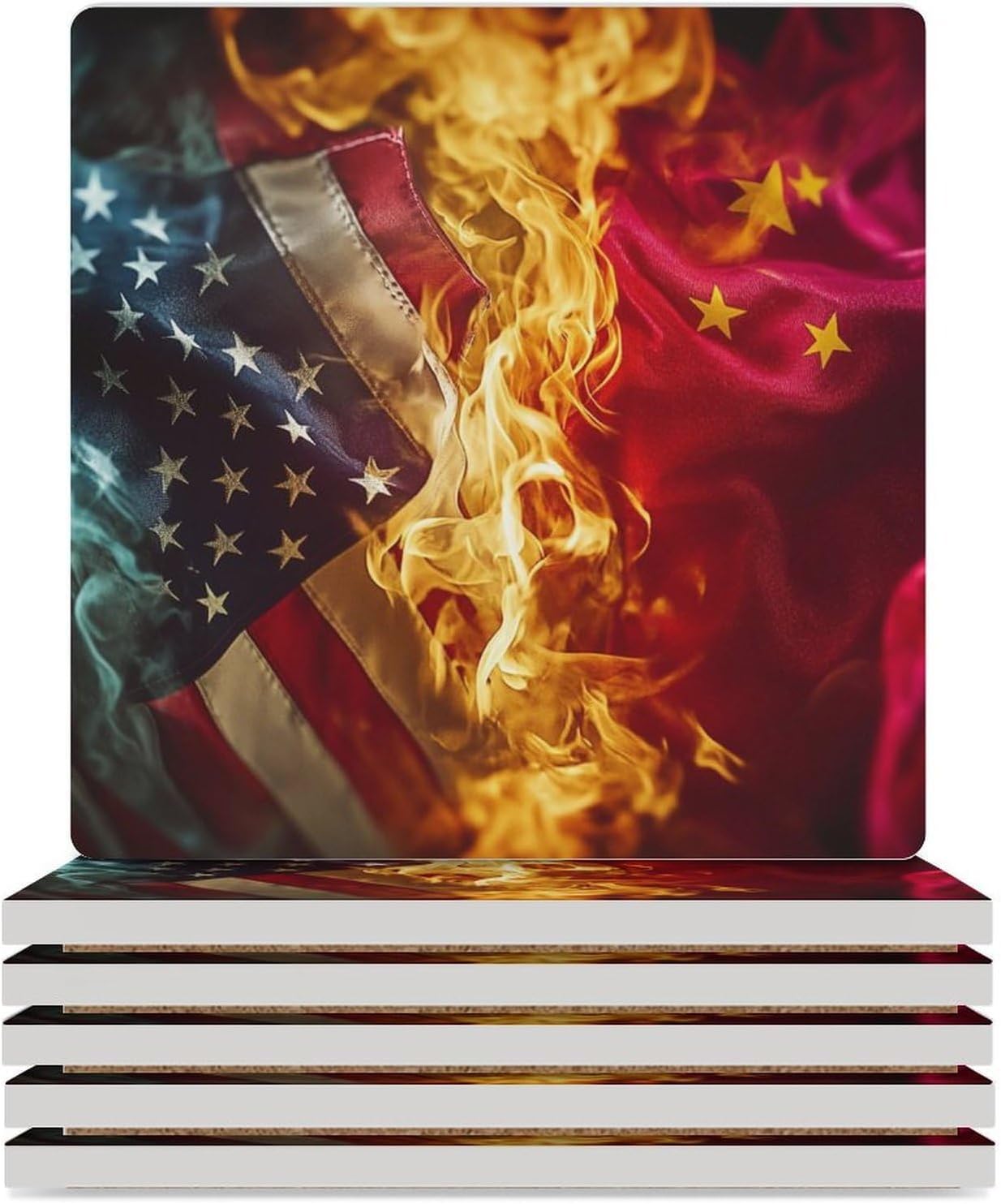 U.S. Vs Chinese Flag Tariff War Funny Ceramic Coasters for Drink Absorbent Cup Holders Tabletop Protection