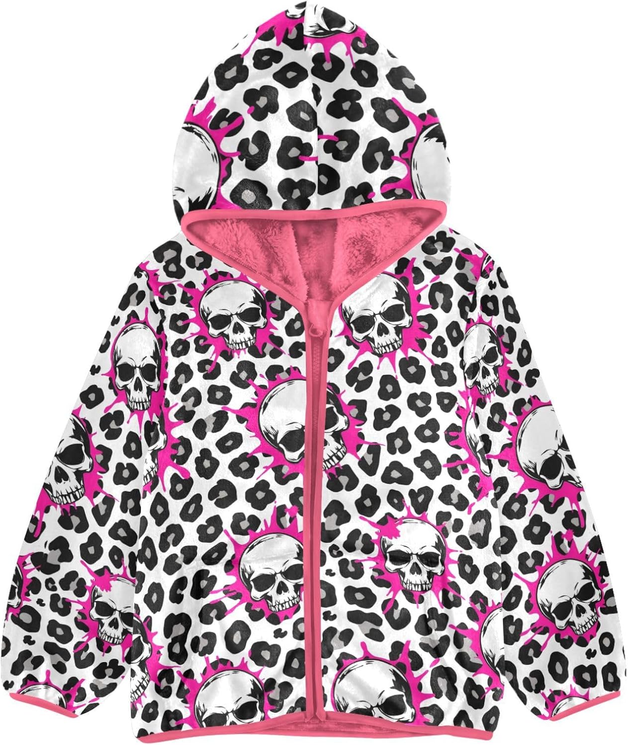 Girls Hoodie Outfit Leopard Print Skull Pattern Zipper Sweatshirt Coat Fleece Jacket for Kids 3-10T