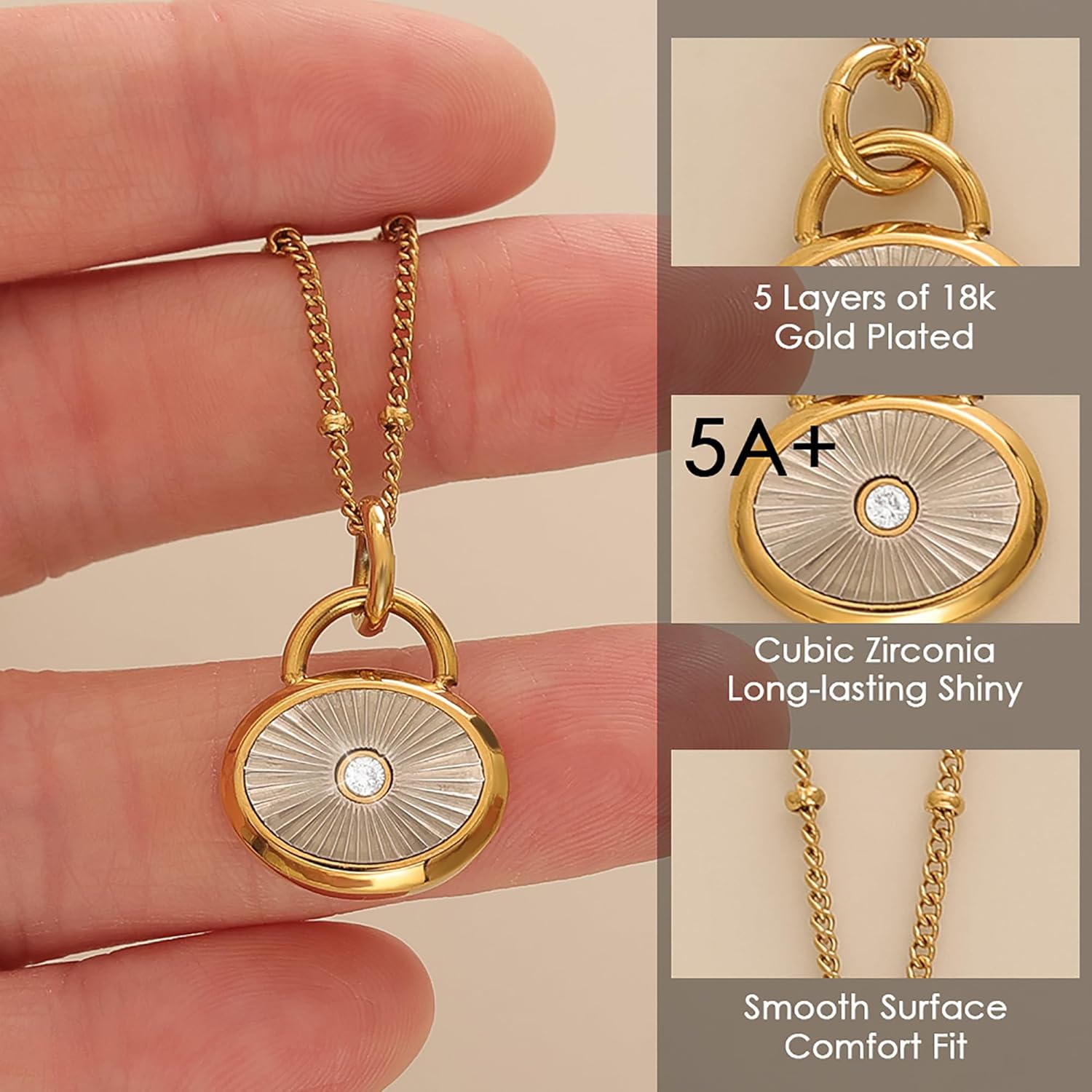 JINHUI Two-Tone Pendant Necklace, 18K Gold Plated Chain with Crystal Accent, 16.5-18 Inches Adjustable Length, Modern Fashion Jewelry for Women - Image 3