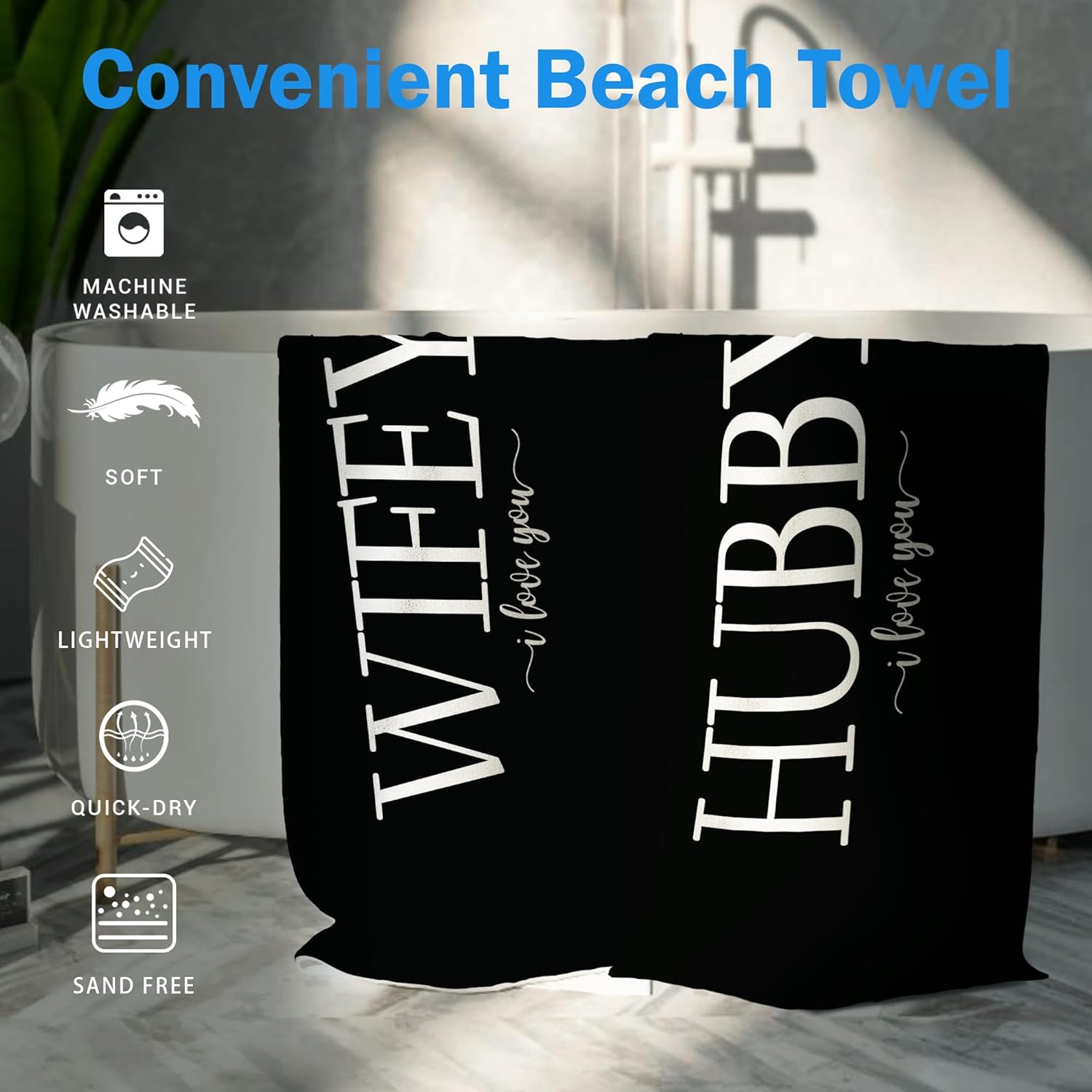 Couple Wifey Hubby Beach Towel Set of 2, Honeymoon Wedding Valentines Beach Towels Gifts for Bride Groom, Hubby and Wifey Gifts Quick Dry Towels Decor for Bathroom 30x60in - Image 6