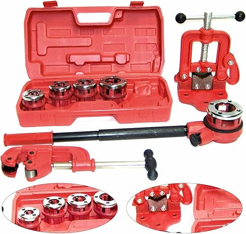 Kit de enhebrador manual de tubo de trinquete, con cinco moldes + cortador de tubos + tornillo de banco para corte profesional y roscado de tubos