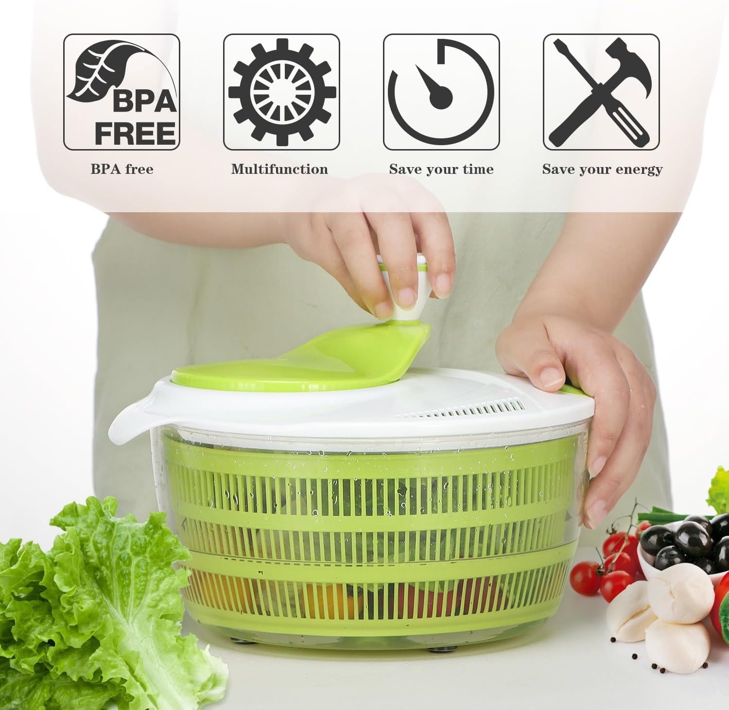 Ourokhome Salad Spinner Lettuce Dryer, Rotary Veggie Washer with Compact Bowl and Colander, Easy to Clean, Wash, Dry Vegetables, Fruits, Lettuce, Greens, Lockable Lid, 4L, Green