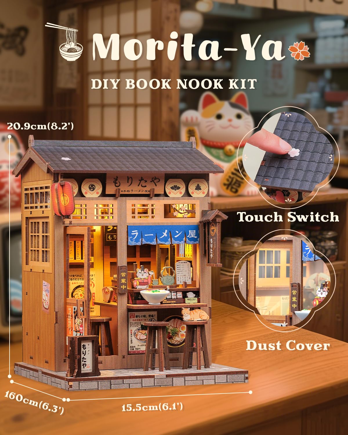 CUTEBEE Book Nook Kit - DIY Casa Delle Bambole in Miniatura DIY per Adulti, Tema Ramen Giapponese Miniature da Costruire di Legno, Regali Unici per Familiari e Amici (Morita-Ya)