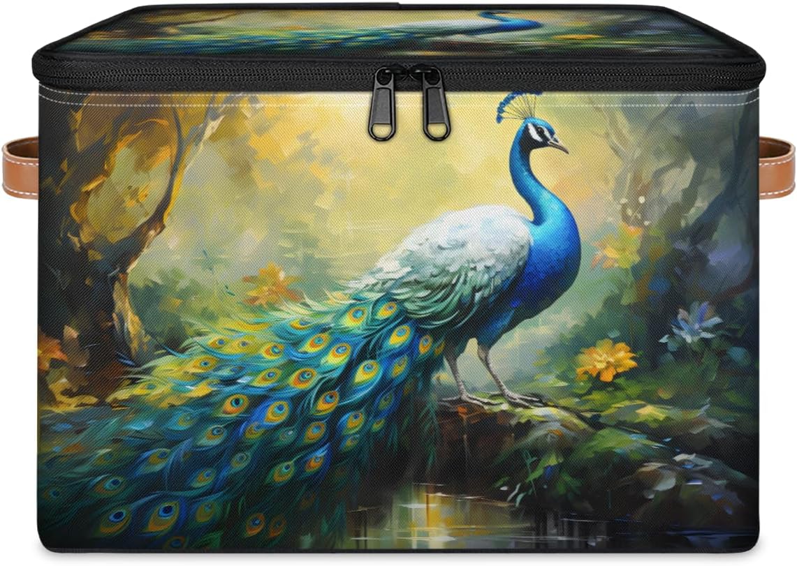 Storage Bin Set of 2 Forest Peacock Storage Basket with Zipper Lid & Handle Foldable Closet Shelf 2 Pack Cloth Organizer Basket Cube Bins Clothes Organizer for Bedroom, Nursery