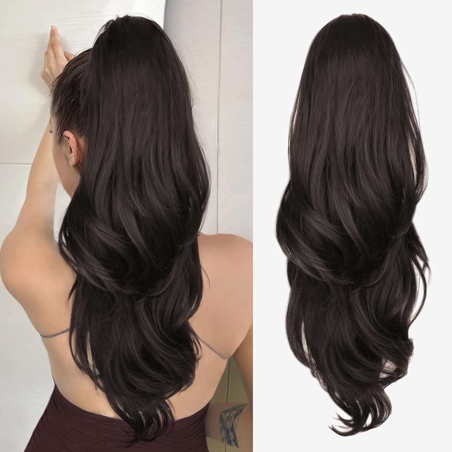 Claw Cluture Two In One Extension for Women 22 Inch Long Wavy Layered Pony Tails Hair Extensions Synthetic Clip in Ponytail Hairpiece for Women (BROWN)-image-49