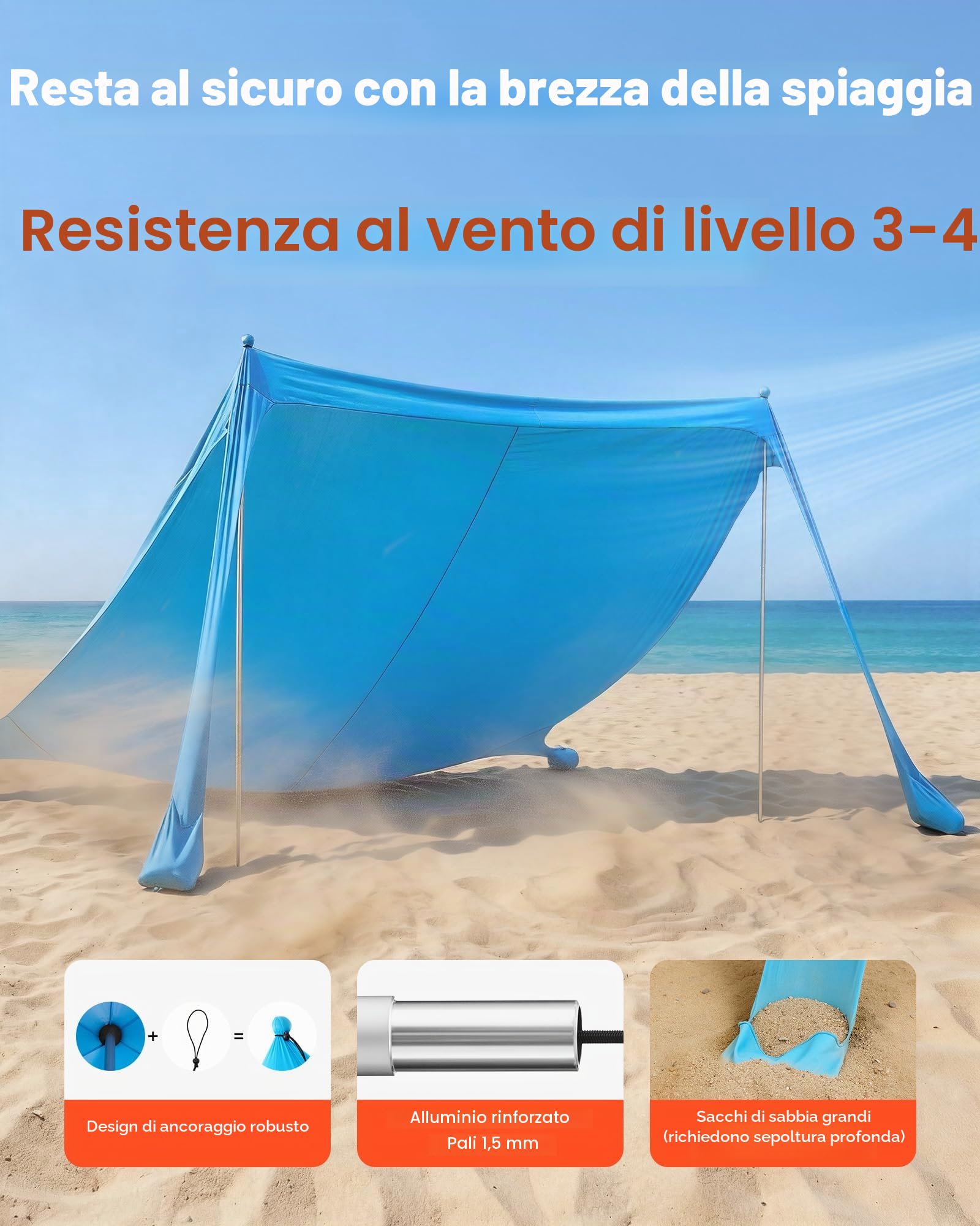 VEVOR Tenda Parasole da Spiaggia per Esterno Protezione Solare UPF50+ con Ancoraggio Dimensioni 3,4 x 3,4 x 2 m, Parasole da Spiaggia con Pali di Supporto Tenda Portatile per Campeggio Viaggio, Blu