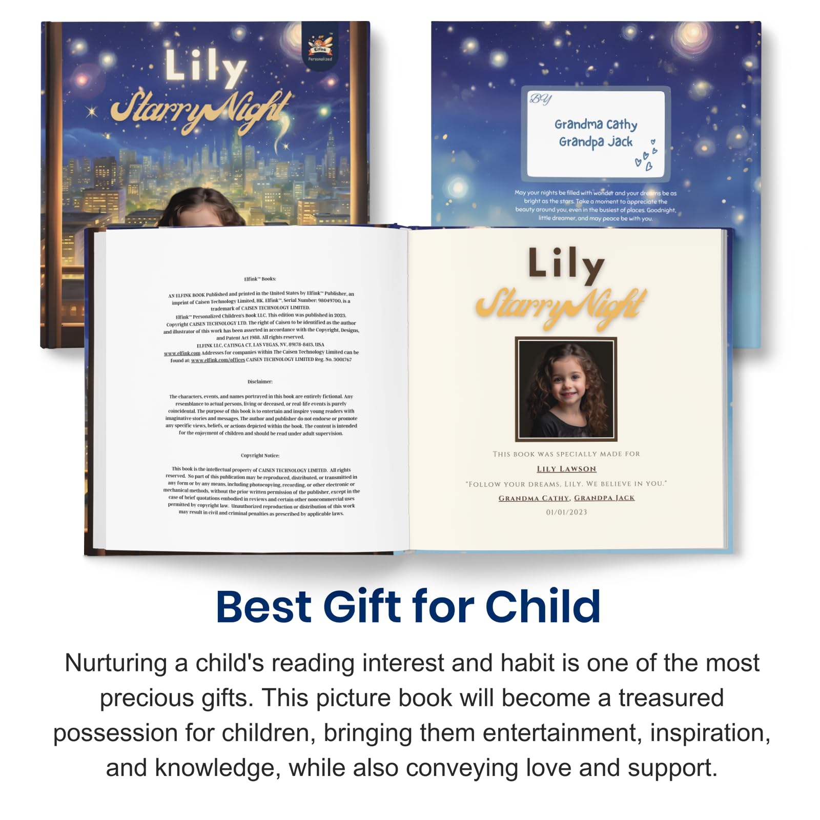 ELFINK - Libro di favole personalizzato per bambini, notte stellata, nome e foto personalizzati, idea regalo per bambini, motivo: "Bedtime Story" (copertina morbida)