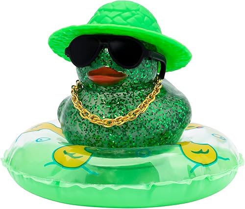 wonuu Patos de goma brillantes con gafas de sol de plástico, anillo de natación, collar con sombrero, accesorios brillantes para automóvil,