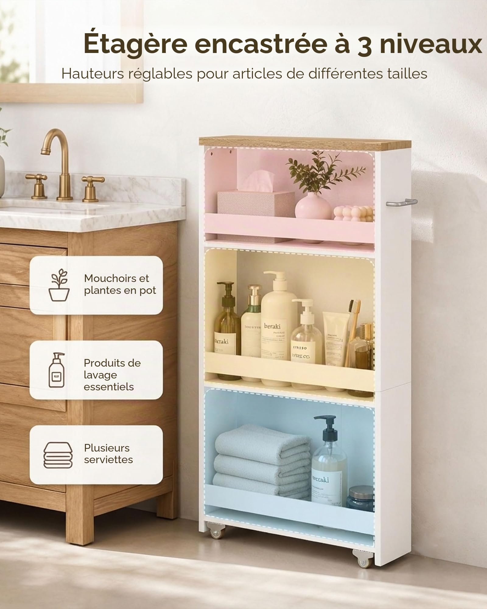 Desserte Salle de Bain à roulettes 40 x 14 x 80 cm Meuble Étroit 3 Niveaux Chariot de Rangement pour Salle de Bain Petit Espace Blanc Bois