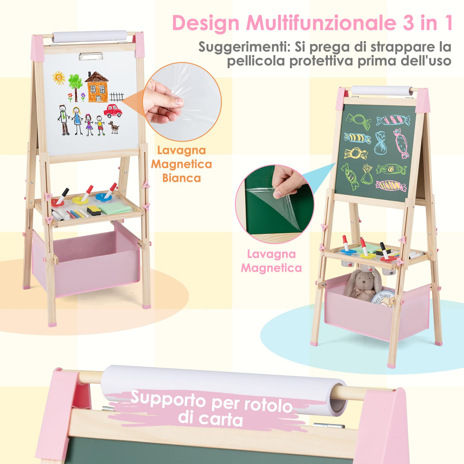 COSTWAY Cavalletto per Bambini Regolabile in Altezza in Legno, Cavalletto a Doppio Lato con Lavagna Magnetica e Bianca, con Scatola, Magneti con Lettere e Numeri, per Bambini 3-8 Anni (Rosa)