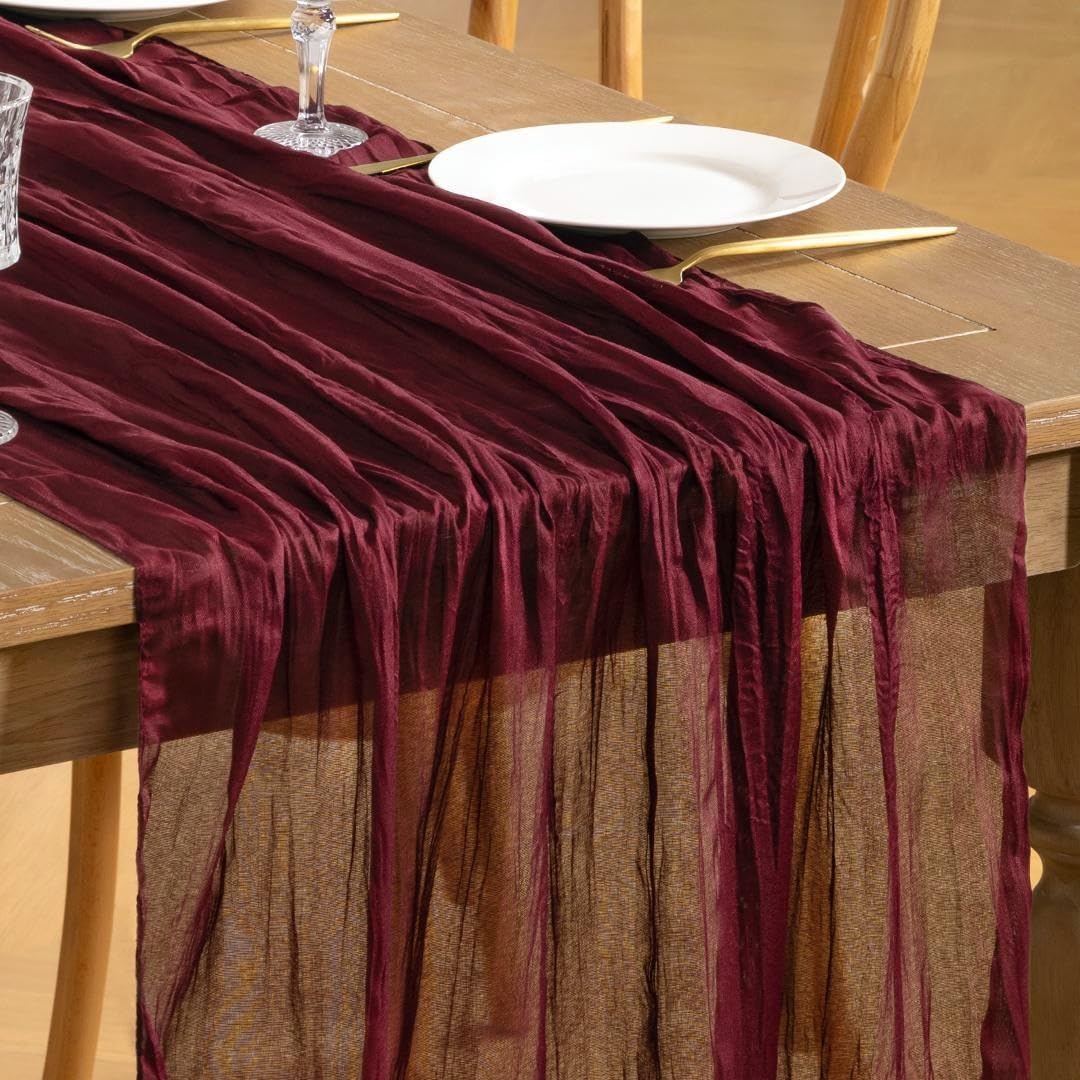 Burgundy Red Cheesecloth Table Runner 12pcs10FT Boho Rustic Sheer Gauze Cheese Cloth Table Runner 35x120 Inch for Anniversary Wedding Bridal Baby Shower Birthday Home Decor