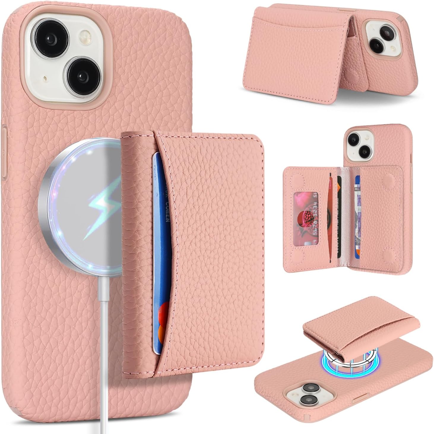 Detachable Wallet Case Compatible with iPhone 13/14 Genuine Leather Case 2in1 Removable Cover Support Magsafe Charging Magnetic Stand Function Card Holder-Pink