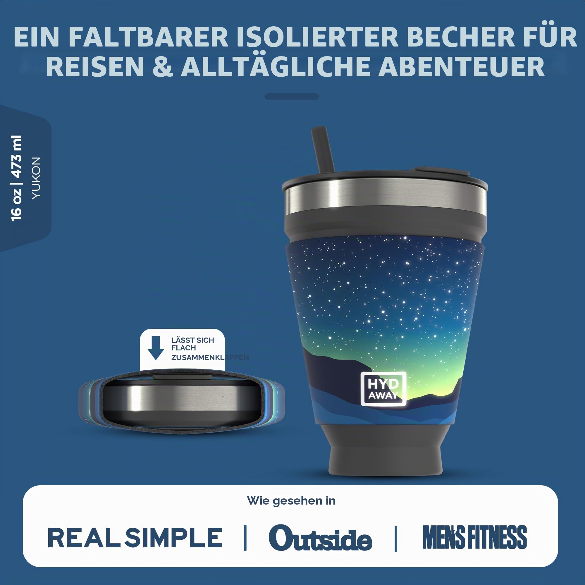 HYDAWAY Faltbarer Getränkebecher | Tragbare, Isolierte, Heiße und Kalte Getränketasse für Kaffee, Tee, Smoothies, Bier, Cocktails, Reisen, Pendeln, Camping, Veranstaltungen | 473ml Kapazität