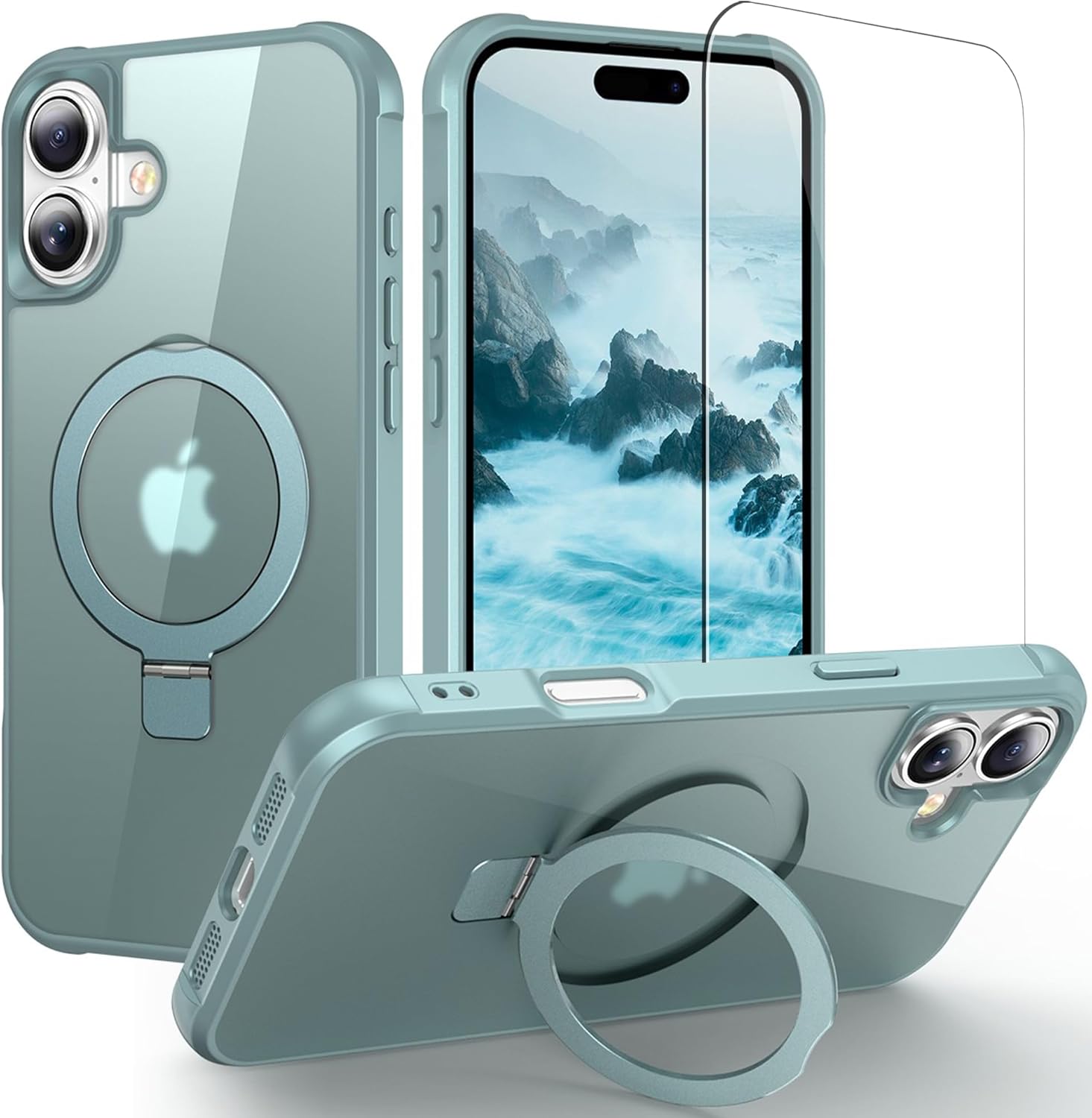 BAISRKE Compatible with iPhone 17 Case with Invisible Magnetic O-Ring Stand Military-Grade Translucent Case for iPhone 17 6.1" [Compatible with Mag-Safe][Glass Screen Protector],Teal Green