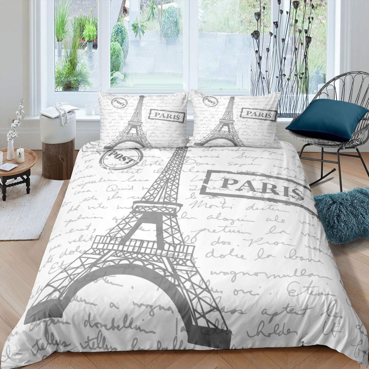 Eiffel Tower Bedding Set Paris Cityscape Duvet Cover Set for Kids Boys Girls Retro Postcard Printed Comforter Cover White Gray Morden Paris Decor Quilt Cover Bedroom Collection 2Pcs Single SizeOEKO-TEX STANDARD 100