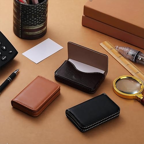Miniatura 6 de Eaasty Funda de piel sintética para tarjetas de visita con cierre magnético para hombres y mujeres, 3 unidades, color café