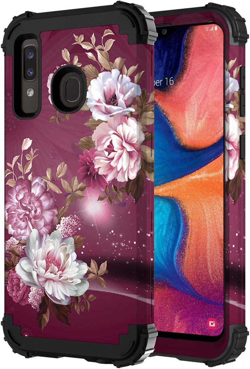 Hocase Galaxy A50/A30/A20 Case, Heavy Duty Shockproof Protection Soft Silicone Rubber Bumper+Hard Plastic Hybrid Protective Case for Samsung Galaxy A50/A30/A20 2019 - Burgundy Flowers