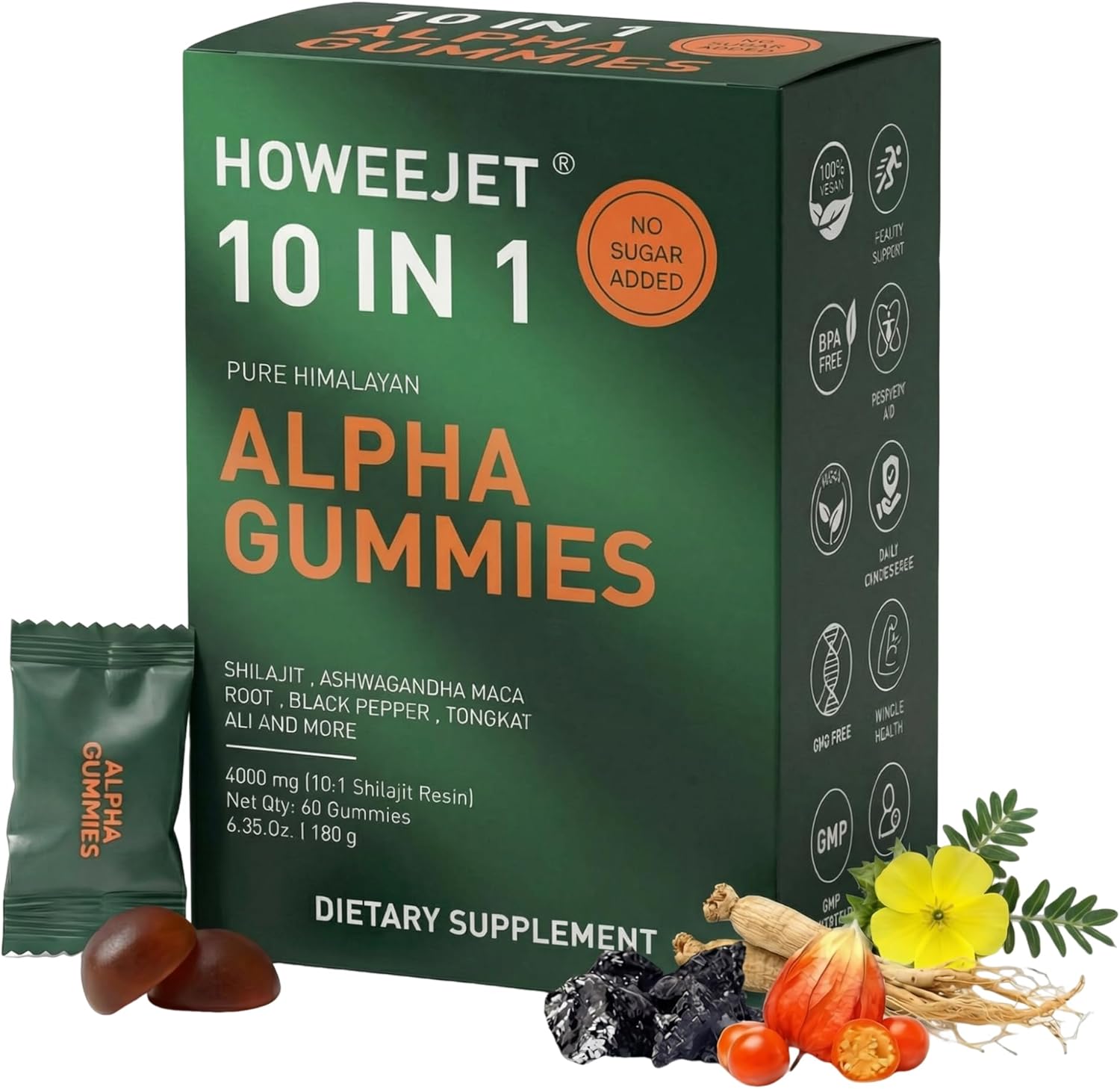 Himalayan Natural Shilajit Gummies for Men, 10-in-1 Alpha Gummies with 4000MG Pure Shilajit, Ashwagandha, Ginseng, Tongkat Ali & Maca Root, Sugar Free, Vegan, 60 Count
