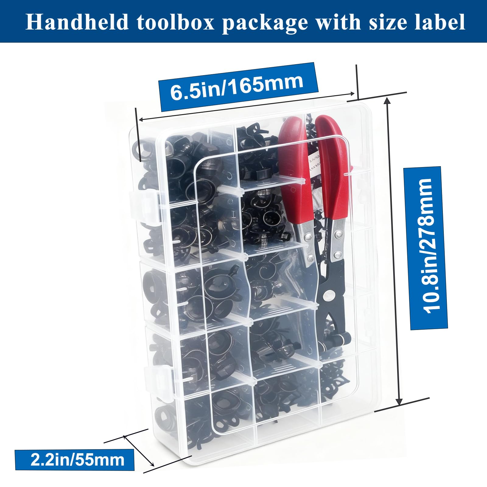 340 Stück 6–22 mm Federband-Schlauchschellen-Set, 12 Größen, schwarze Schlauchschellen mit drehbarer Flachschlauchklemmenzange, Niederdruck-Luftclip-Gurtklemme für