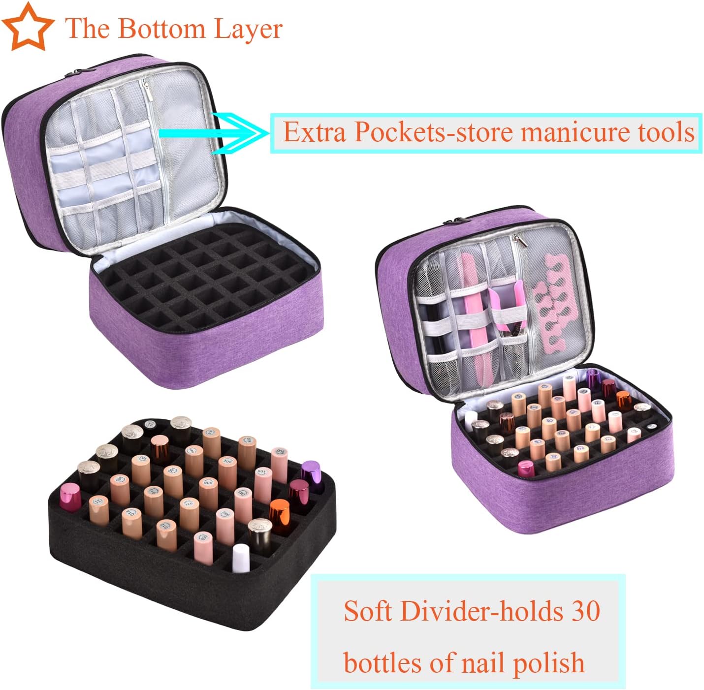 Nail Polish Organizer Holds 30 Bottles (15ml) and 1 Nail Light Nail Polish Carrying Case with Storage Pockets for Manicure Tools Double Layer Nail Storage Travel Bag with Handle (A-Purple)
