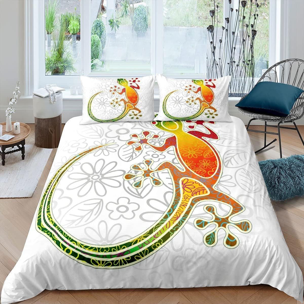 Sommer Bettwäsche 200x200 Cm Graffiti Gecko – 3er Set Mit 2 Kissenbezügen 80x80 Cm | Weiche Mikrofaser