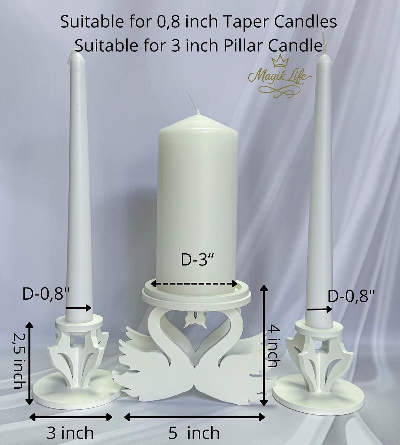 Wooden Unity Candle Holder – Solid Triple Candle Stand – Handcrafted from Natural Wood – Painted in Safe Premium White Finish – Fits 2 Taper (0.80”) & 1 Pillar Candle (3”)