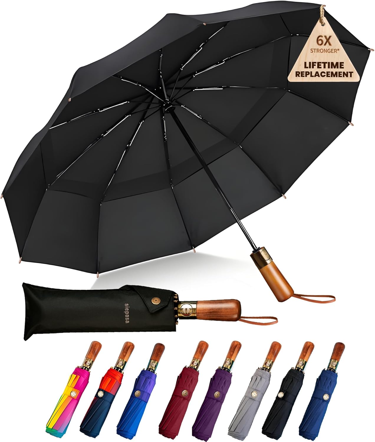SIEPASA 49/54/62 Inch Windproof Golf Umbrella - Automatic Open/Close, Real Wood Handle - Large Folding Travel Umbrella for Wind, Rain & Sun Protection.